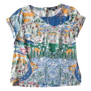 ModCloth Scenic Print Top Medium Colorful Landscape Short Sleeve Blouse